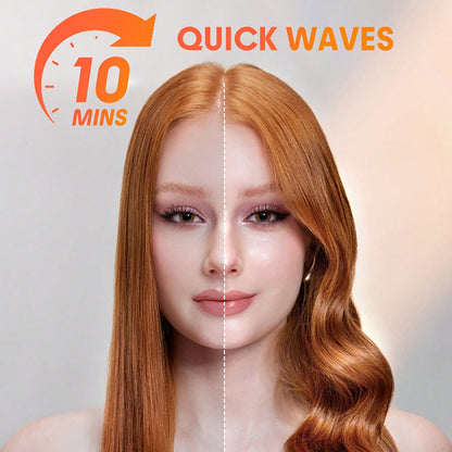 Woman with wavy hair and text indicating quick waves achievable in 10 minutes.
