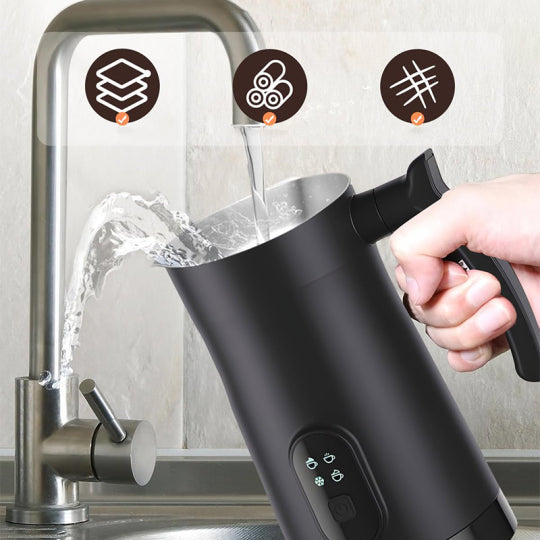 Black water filter pitcher being filled with water from a faucet
