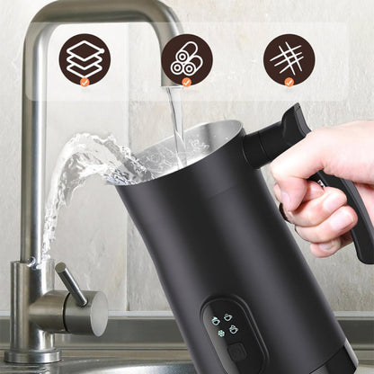 Black water filter pitcher being filled with water from a faucet
