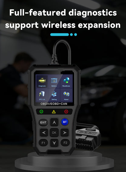 Kalvori OBD2 Scanner opening portrait - scanner plugged into OBD2 port under dashboard