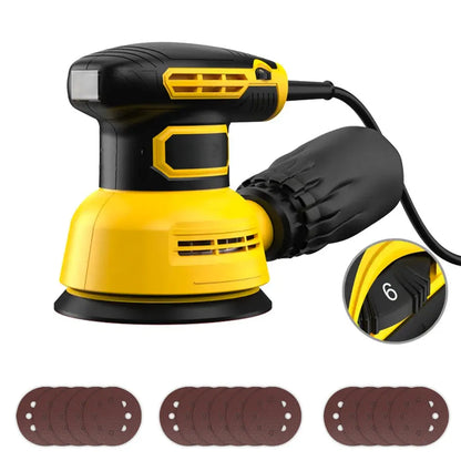 Yellow and black Kalvori Orbital Sander with sanding discs on a white background