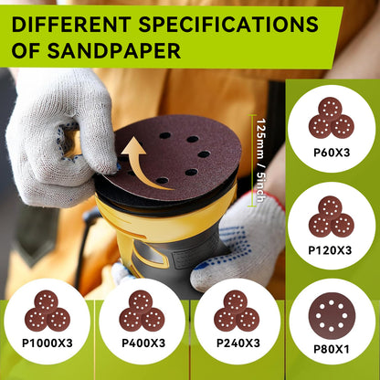 Kalvori Orbital Sander sandpaper with different grit specifications shown on a green background