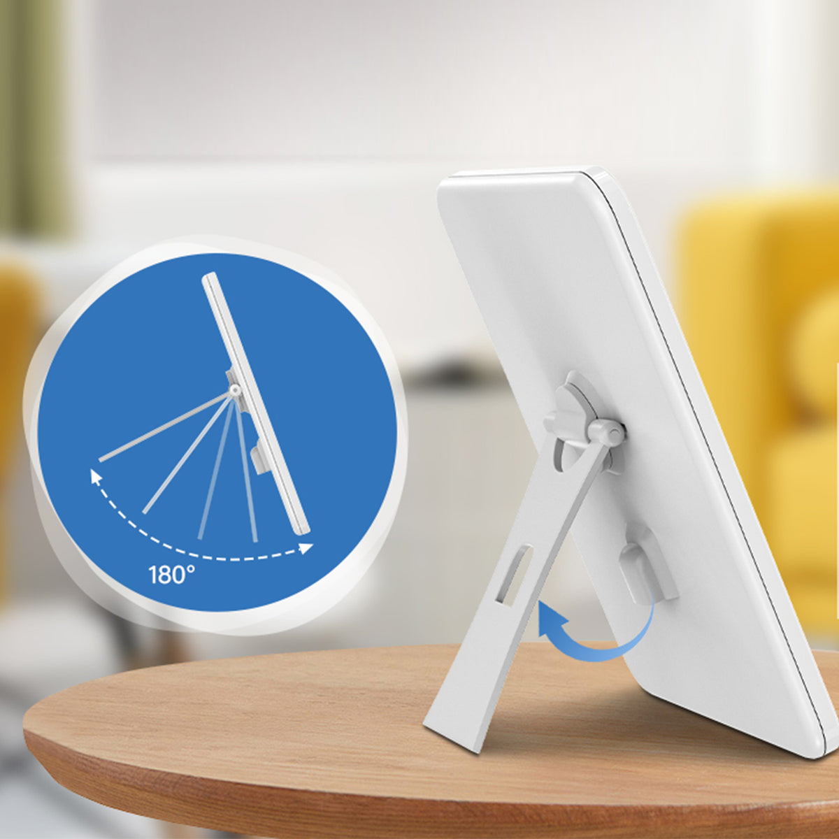Kalvori SAD Lamp adjustable stand on a wooden surface with a close-up inset showing rotation angles.