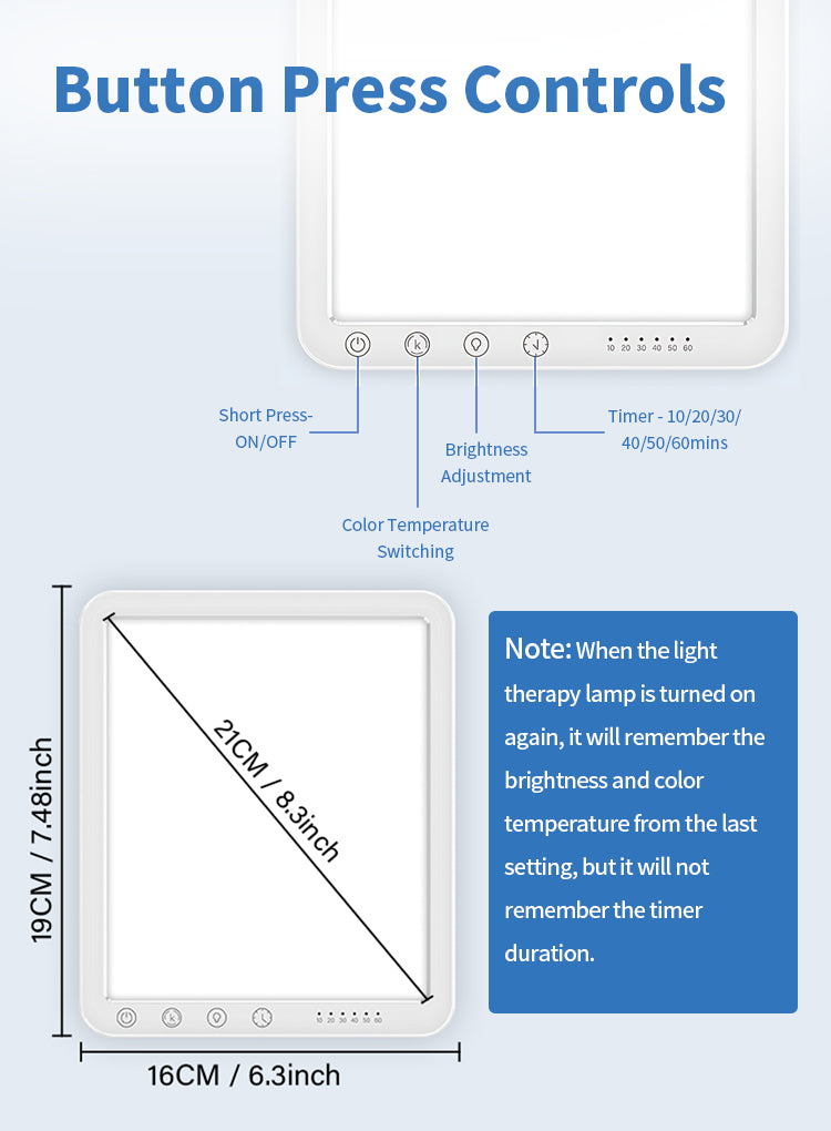Diagram of a light therapy Kalvori SAD Lamp with button controls and dimensions on a blue background.