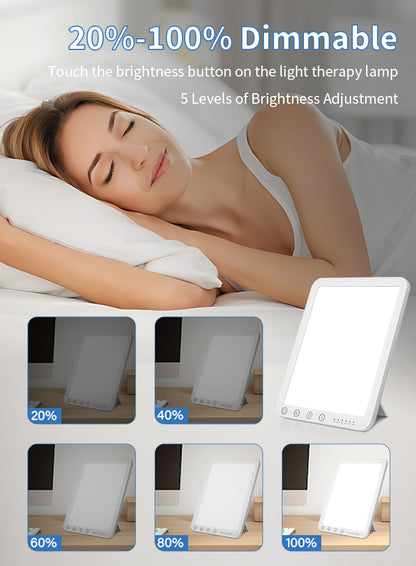 Woman lying in bed with a Kalvori SAD Lamp therapy lamp showing brightness levels.
