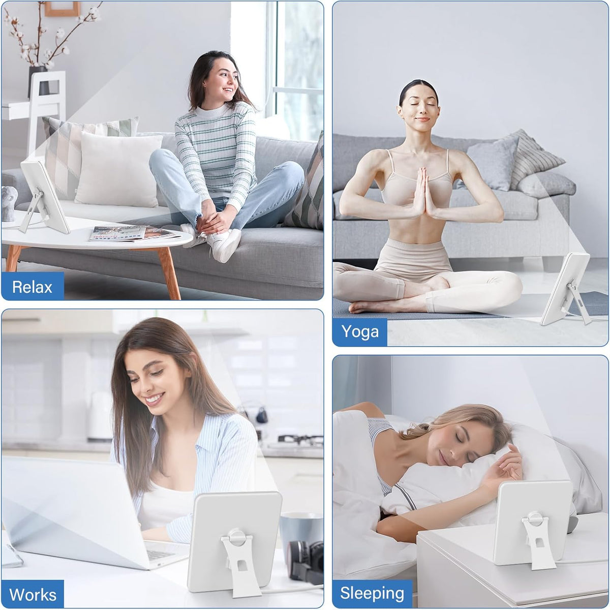 Woman in various activities including sitting, yoga, working, and sleeping with a white device on a table.