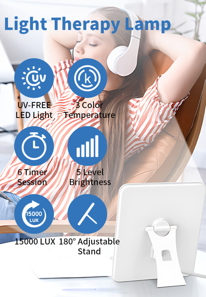 Light therapy Kalvori SAD Lamp with features highlighted on a blurred background of a person using headphones.