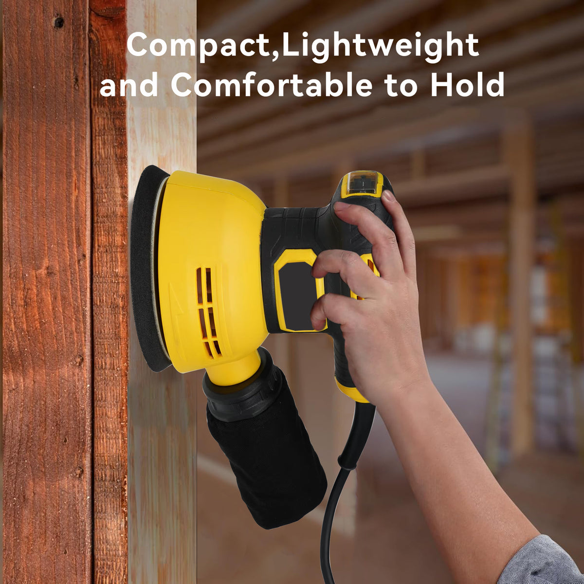 Person using a yellow and black power Kalvori Orbital Sander on wooden panel with text 'Compact, Lightweight and Comfortable to Hold'.