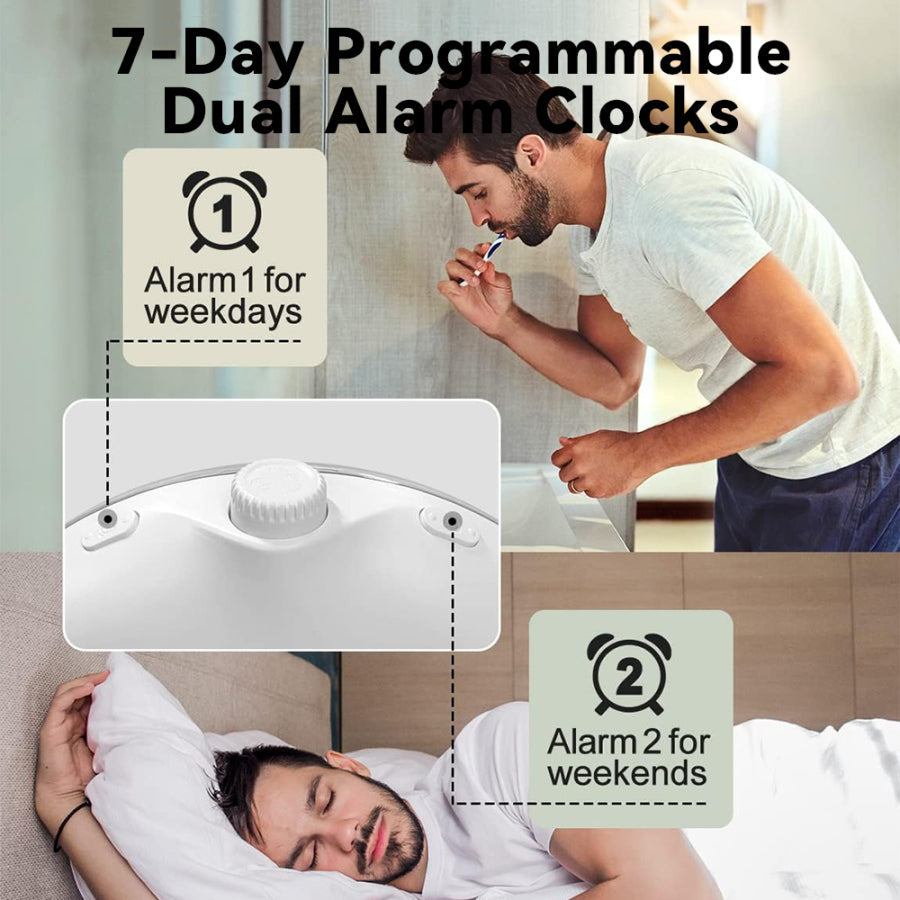 7-Day Programmable Dual Kalvori Sunrise Alarm Clock with a man brushing teeth and another sleeping, showing different alarm settings.