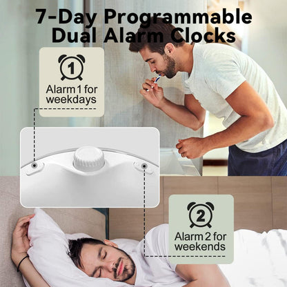 7-Day Programmable Dual Kalvori Sunrise Alarm Clock with a man brushing teeth and another sleeping, showing different alarm settings.
