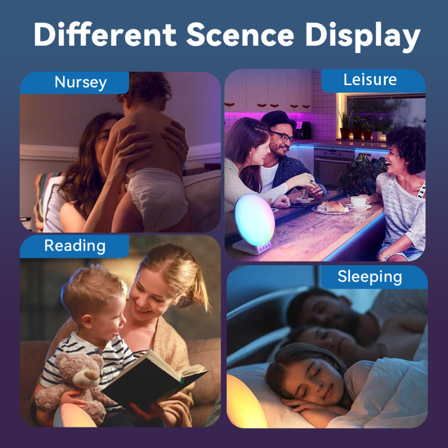Collage of four scenes labeled 'Nursery', 'Leisure', 'Reading', and 'Sleeping' with people in various activities.