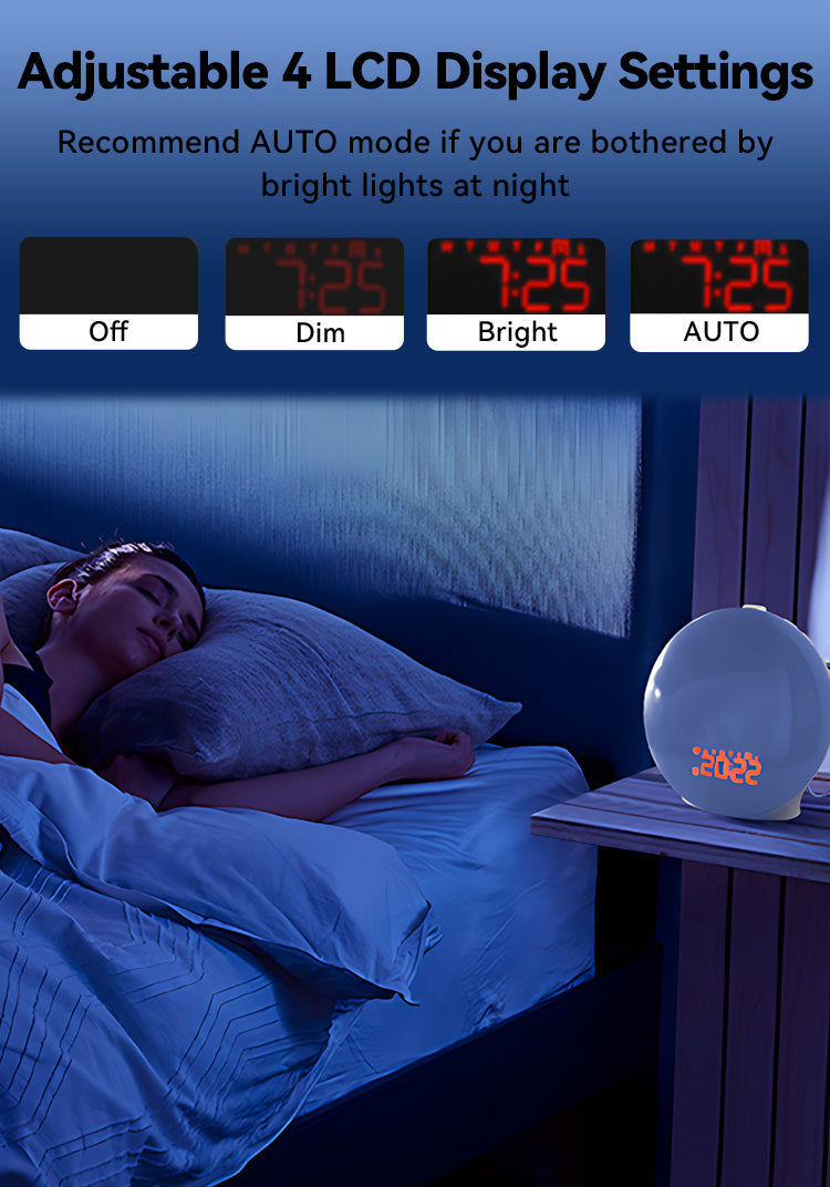 Person sleeping in bed with a night light displaying time on a bedside table.
