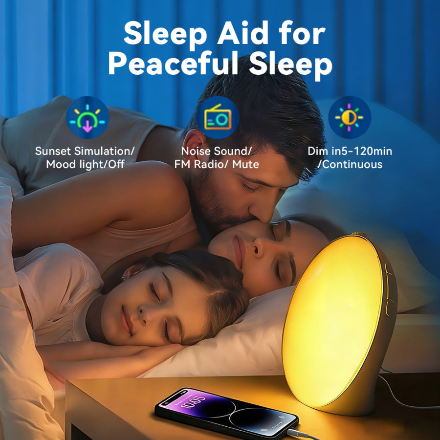 Two people lying in bed with a sleep Kalvori Sunrise Alarm Clock and smartphone, featuring text about its features.