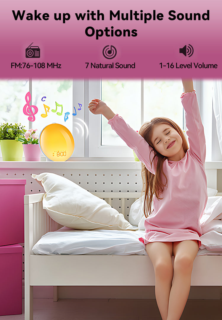 Child in pink pajamas sitting on a bed with a window and plant in the background, featuring text about multiple sound options.