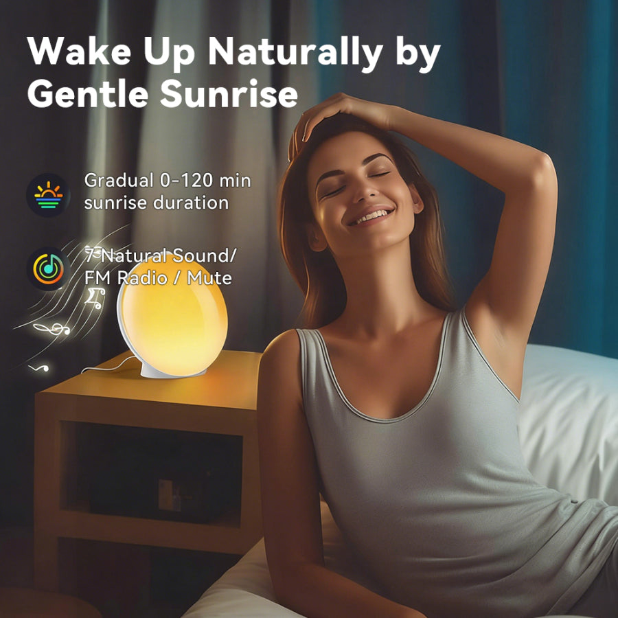 Woman waking up with a gentle Kalvori Sunrise Alarm Clock and sound machine on a nightstand.