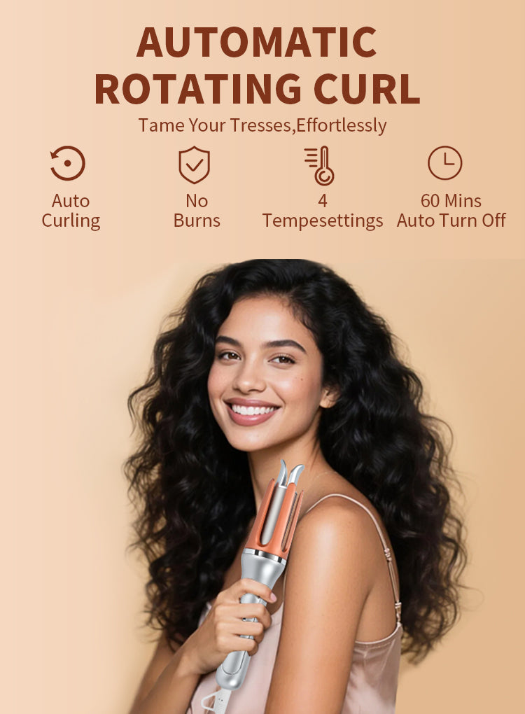 Woman with styled hair holding a Kalvori Hair Curler against a beige background with text about automatic rotating curl feature.