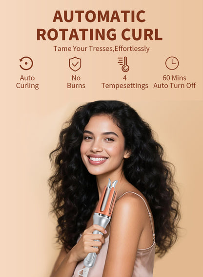 Woman with styled hair holding a Kalvori Hair Curler against a beige background with text about automatic rotating curl feature.