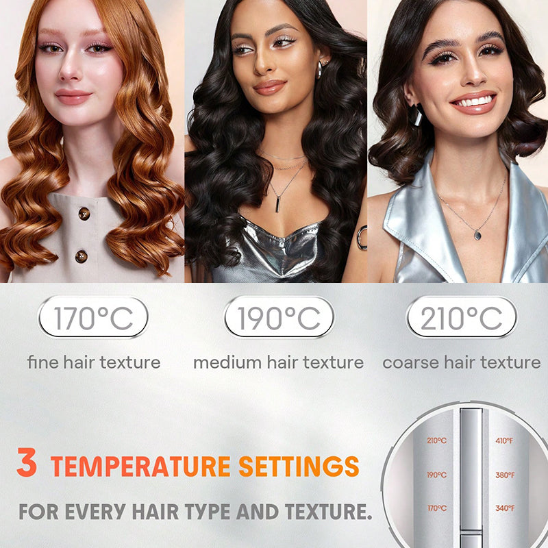 Three women with different hair textures showing temperature settings for a Kalvori Hair Curler