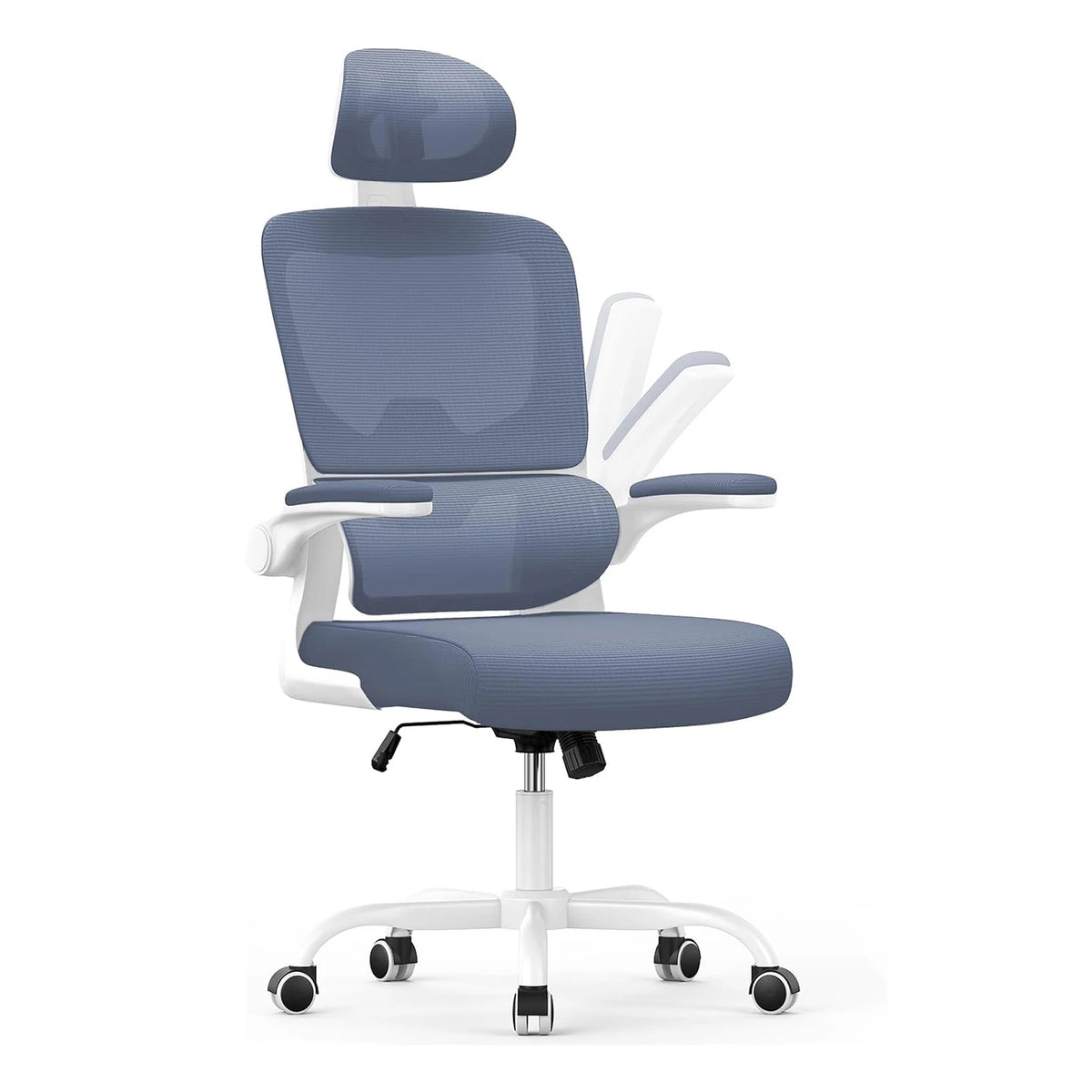 Blue Kalvori office chair with white frame on a white background