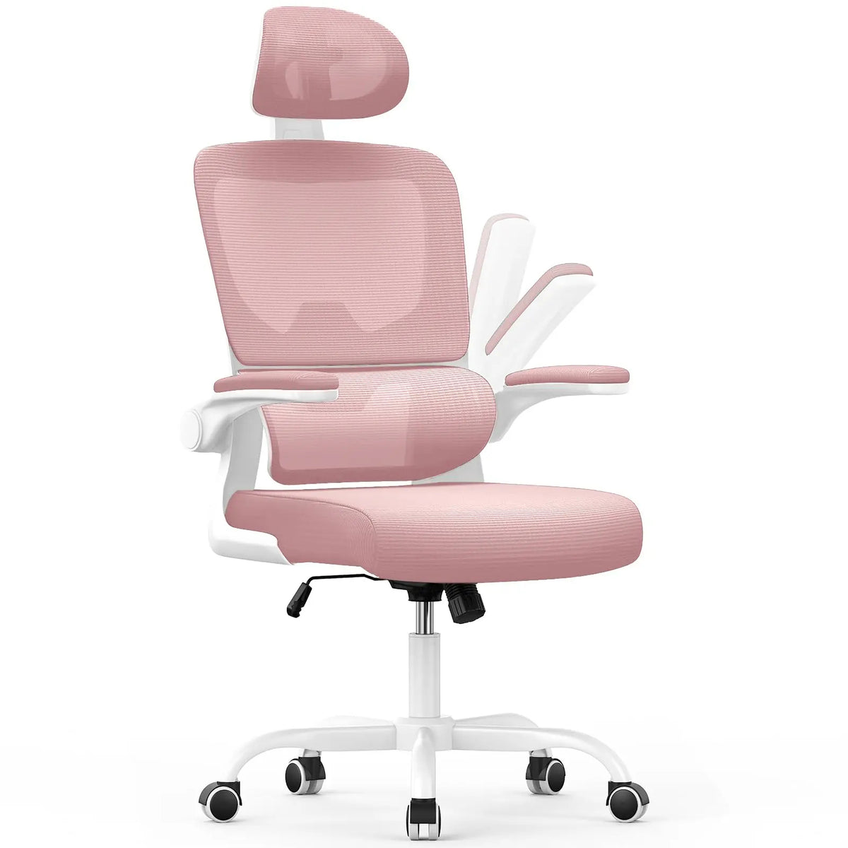 Pink Kalvori office chair with headrest on a white background
