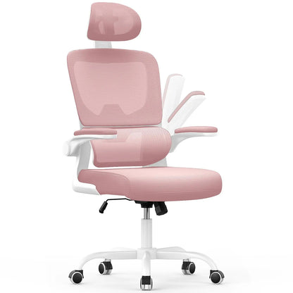 Pink Kalvori office chair with headrest on a white background