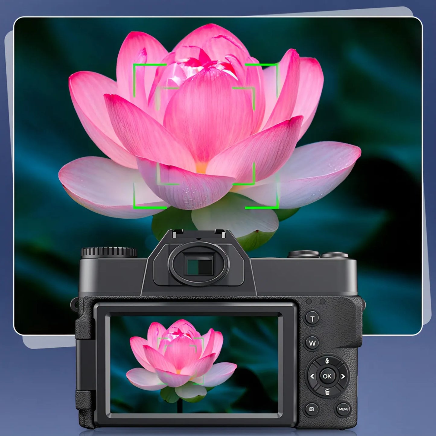 Keovy Digital Camera displaying a pink lotus flower on its screen with a monitor showing the same image in the background.