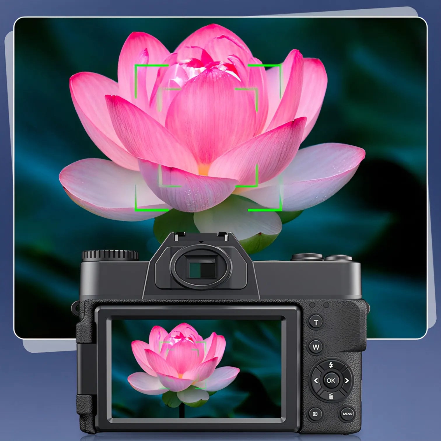 Keovy Digital Camera displaying a pink lotus flower on its screen with a monitor showing the same image in the background.