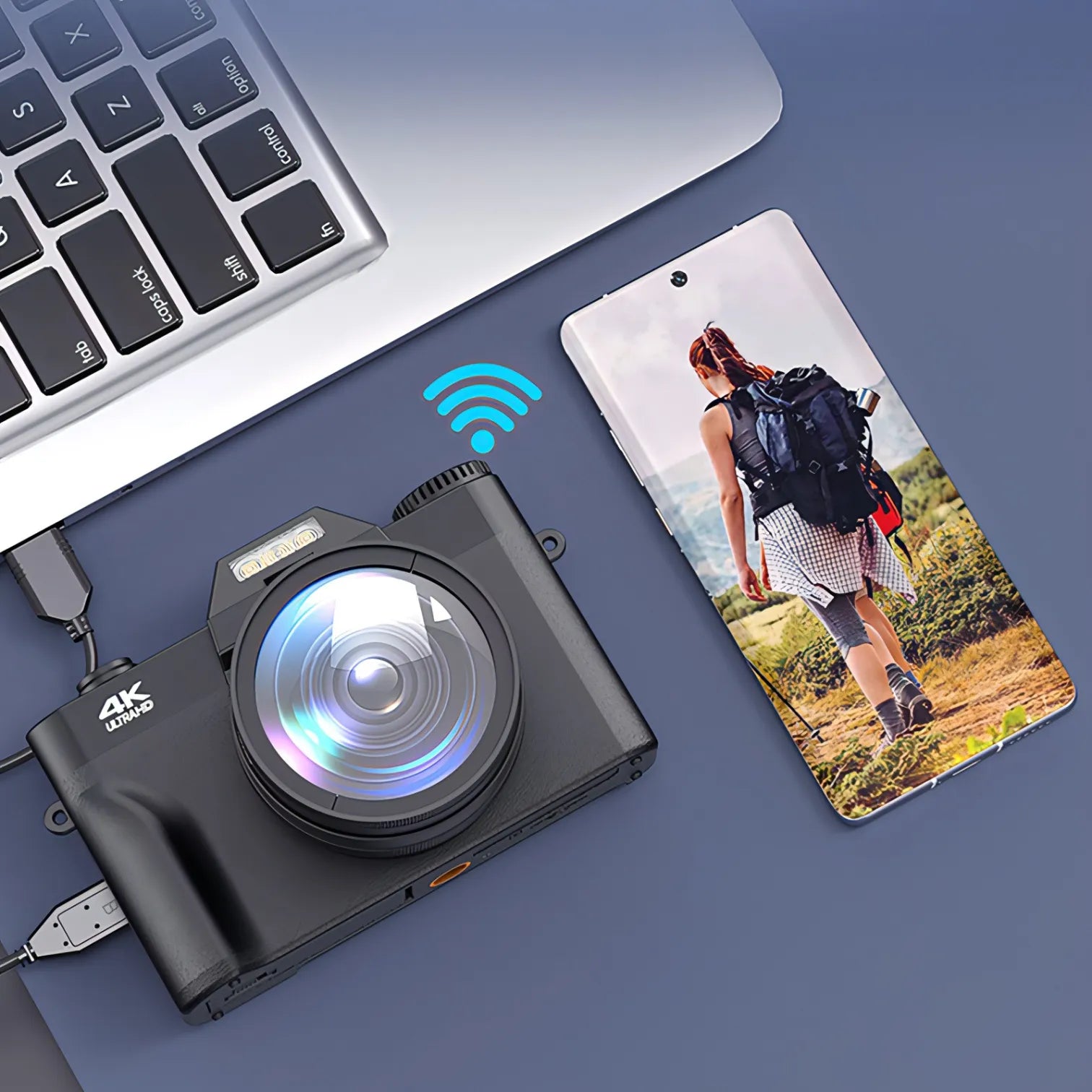 Keovy Digital Camera with a smartphone displaying a photo of a person hiking, both on a blue surface with a keyboard.