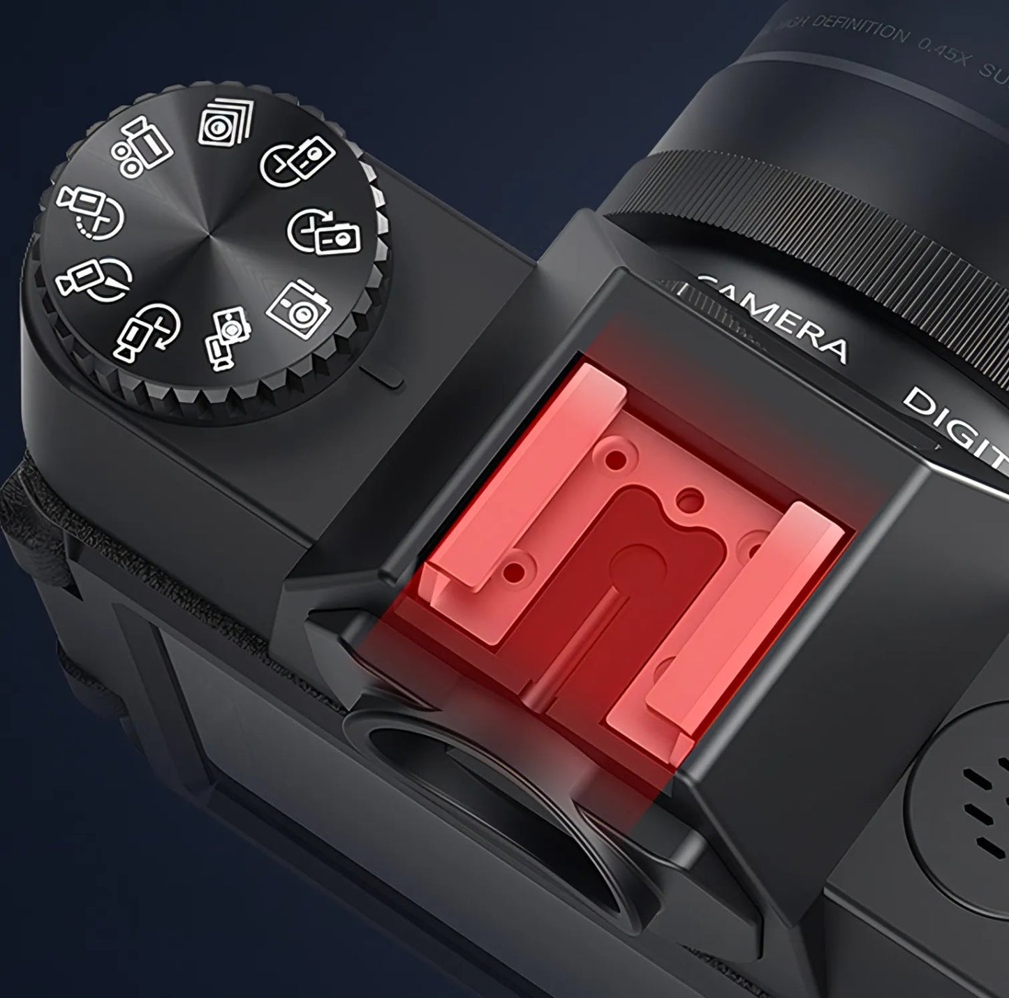 Keovy Digital Camera body with a red flash attachment on a dark background