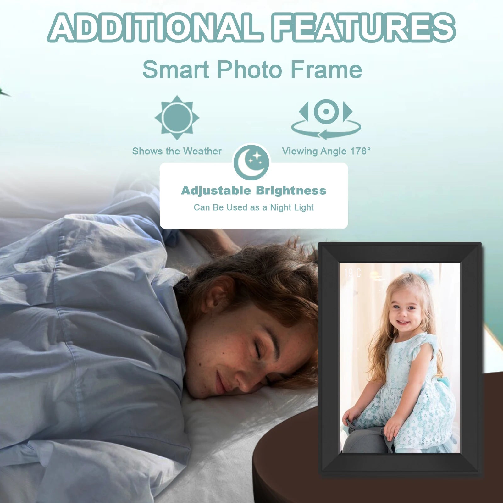 Keovy Digital Photo Frame showing a child's picture next to a person lying in bed, with text highlighting additional features.