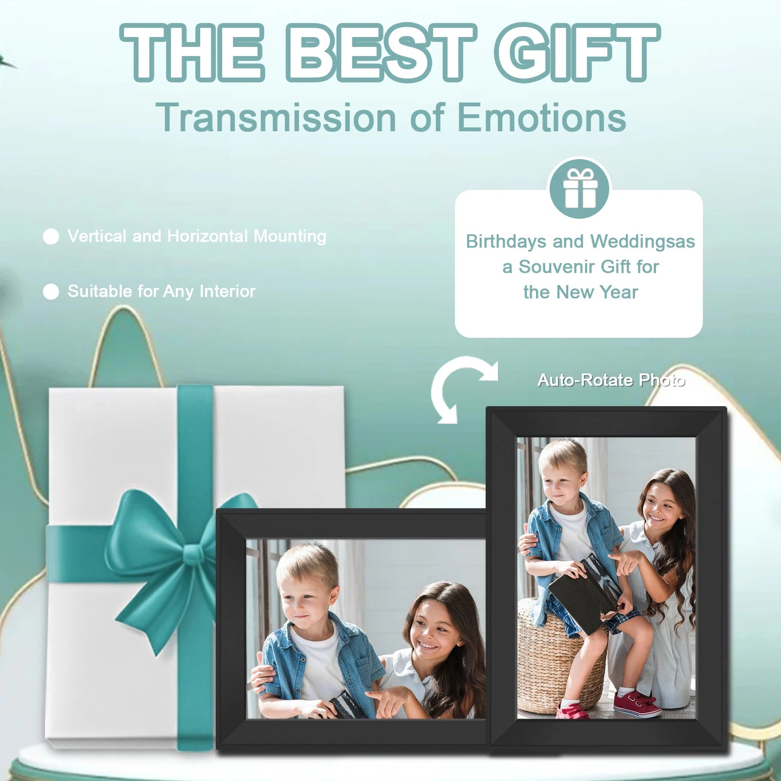 Two Keovy Digital Photo Frame with children's photos on a light blue background with text about the best gift.