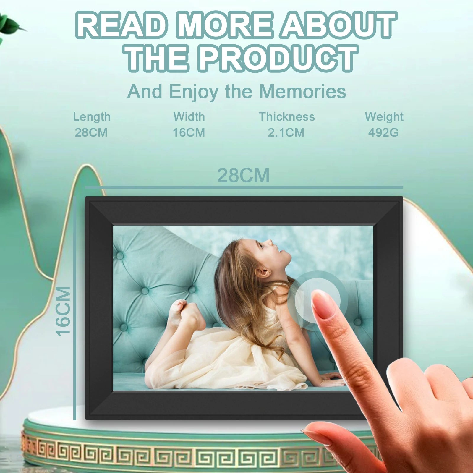 Keovy Digital Photo Frame with a child on a couch displayed, showing product dimensions and weight.