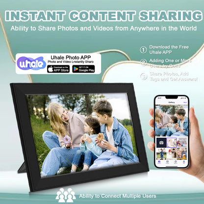 Keovy Digital Photo Frame and smartphone displaying Uhalie Photo APP with family photo on screen.