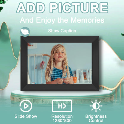 Keovy Digital Photo Frame displaying a child's picture with features highlighted on a teal background.