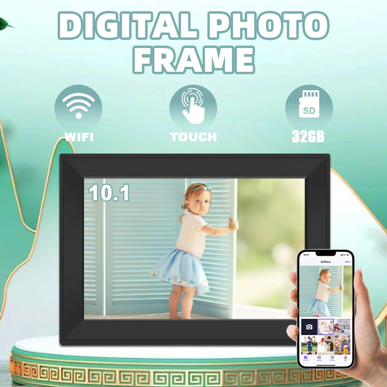 Keovy Digital Photo Frame with a child's picture on screen and smartphone app interface.