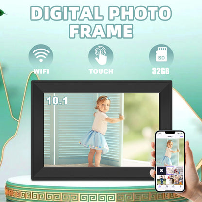 Keovy Digital Photo Frame with a child's picture on screen and smartphone app interface.