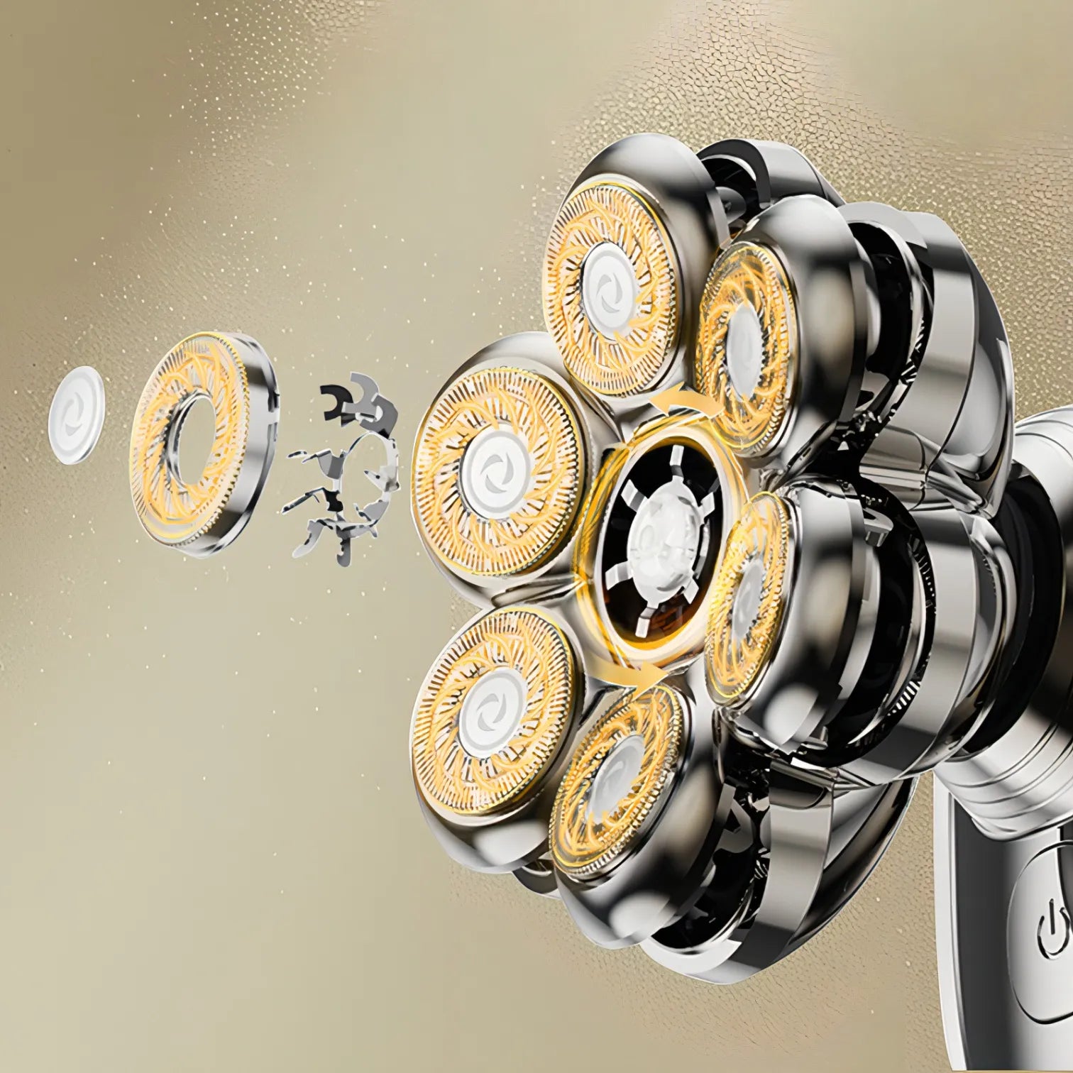 Close-up of a multi-blade Keovy Head Shaver with gold and silver blades on a beige background