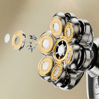 Close-up of a multi-blade Keovy Head Shaver with gold and silver blades on a beige background