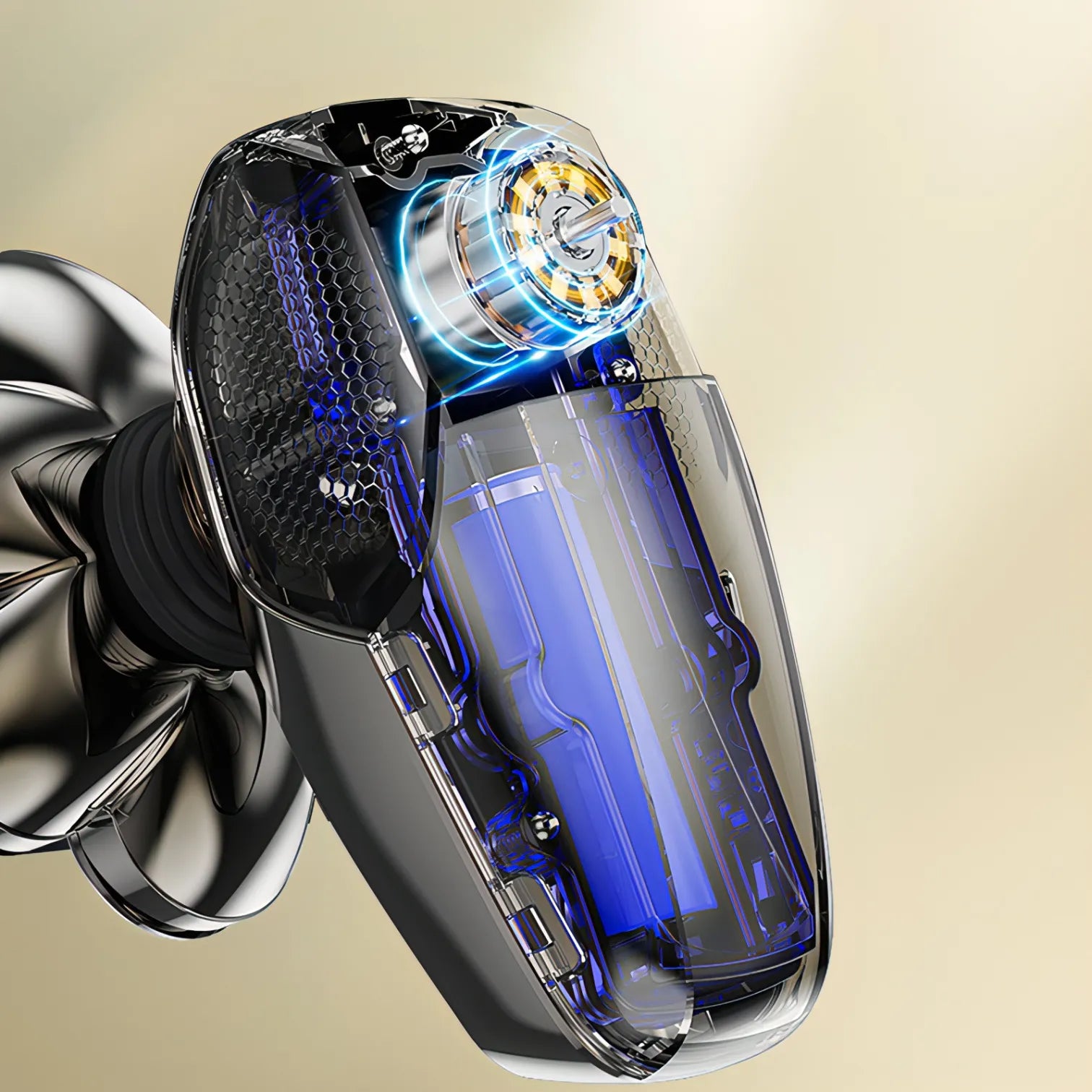 Close-up of a high-tech Keovy Head Shaver with blue and silver components on a beige background