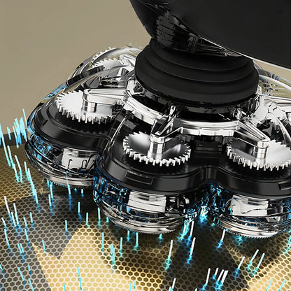 Close-up of a mechanical Keovy Head Shaver with gears on a textured surface