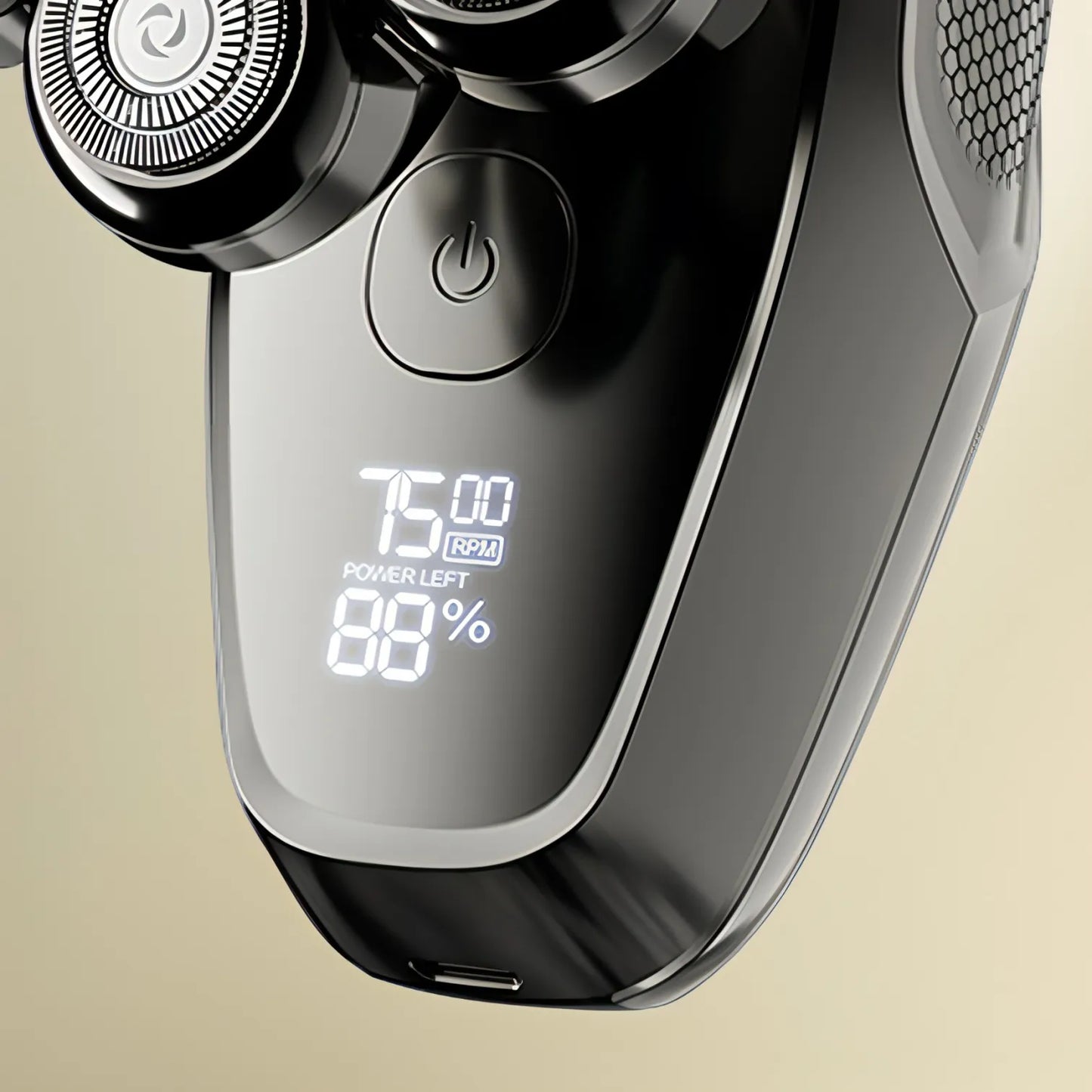 Keovy Head Shaver with digital display on a beige background