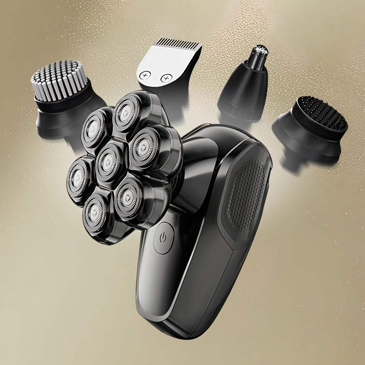 Multi-functional grooming Keovy Head Shaver with various attachments on a beige background