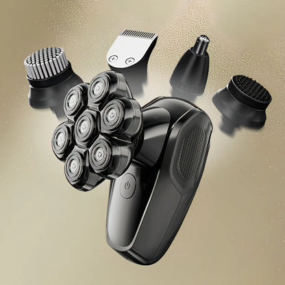 Multi-functional grooming Keovy Head Shaver with various attachments on a beige background