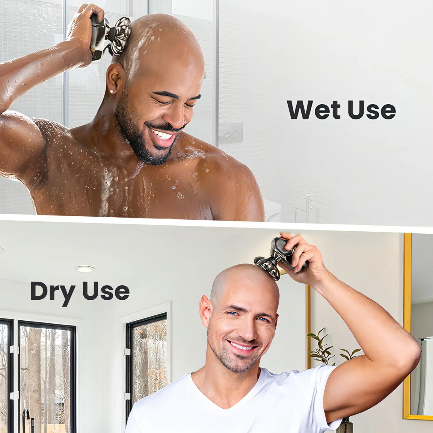 Two men using a Keovy Head Shaver, one wet and one dry, with text labels.