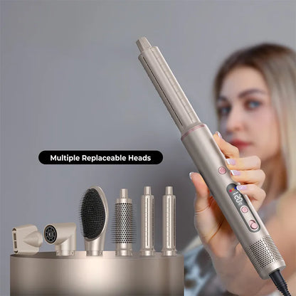 Keovy Hot Air Brush with multiple interchangeable heads and a blurred background of a woman.
