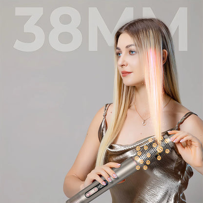 Woman using a Keovy Hot Air Brush straightening with '38MM' text on a gray background