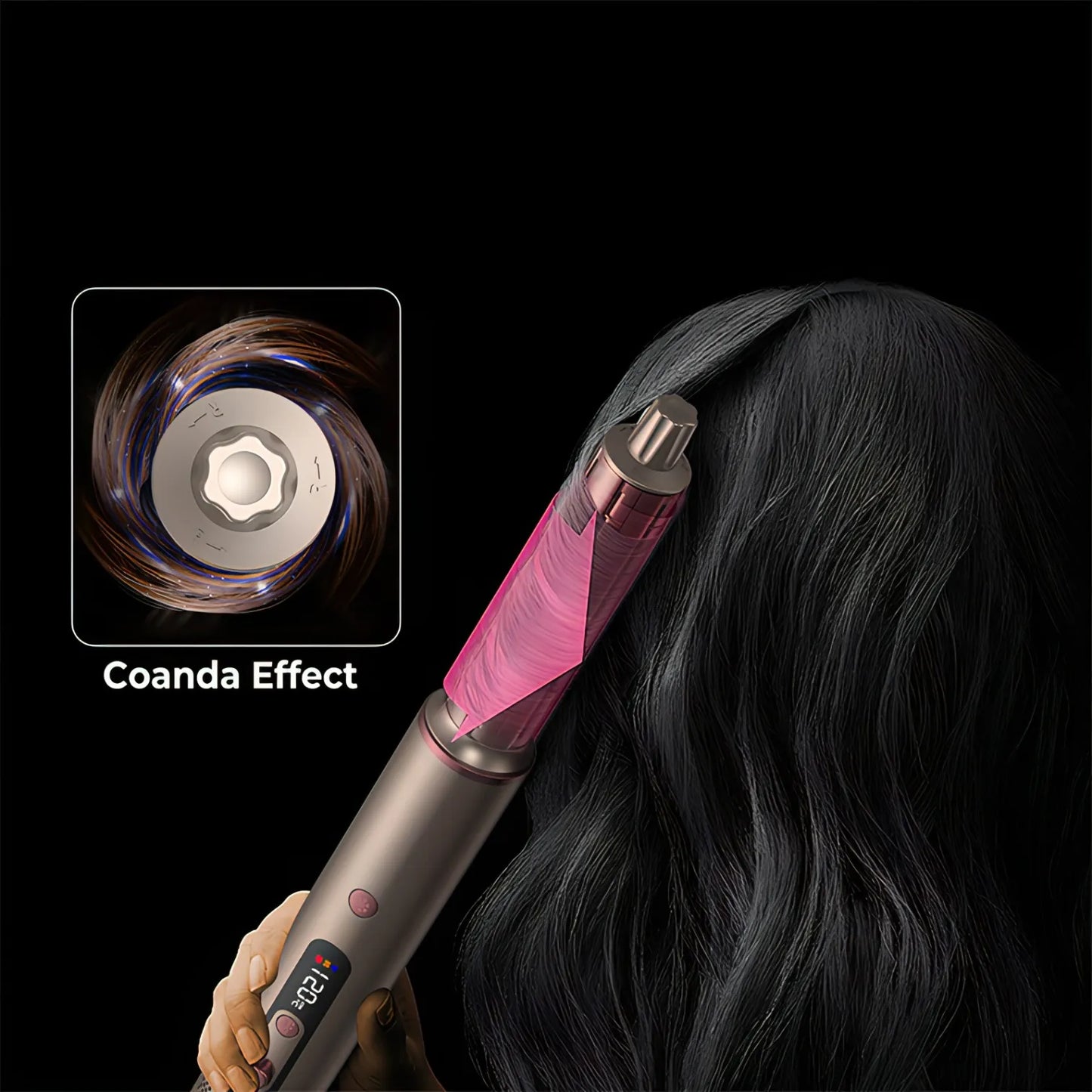 Keovy Hot Air Brush with Coanda Effect feature in use on hair against a black background