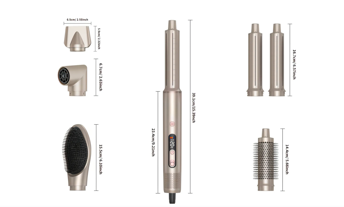 Keovy Hot Air Brush with various attachments and measurements on a white background