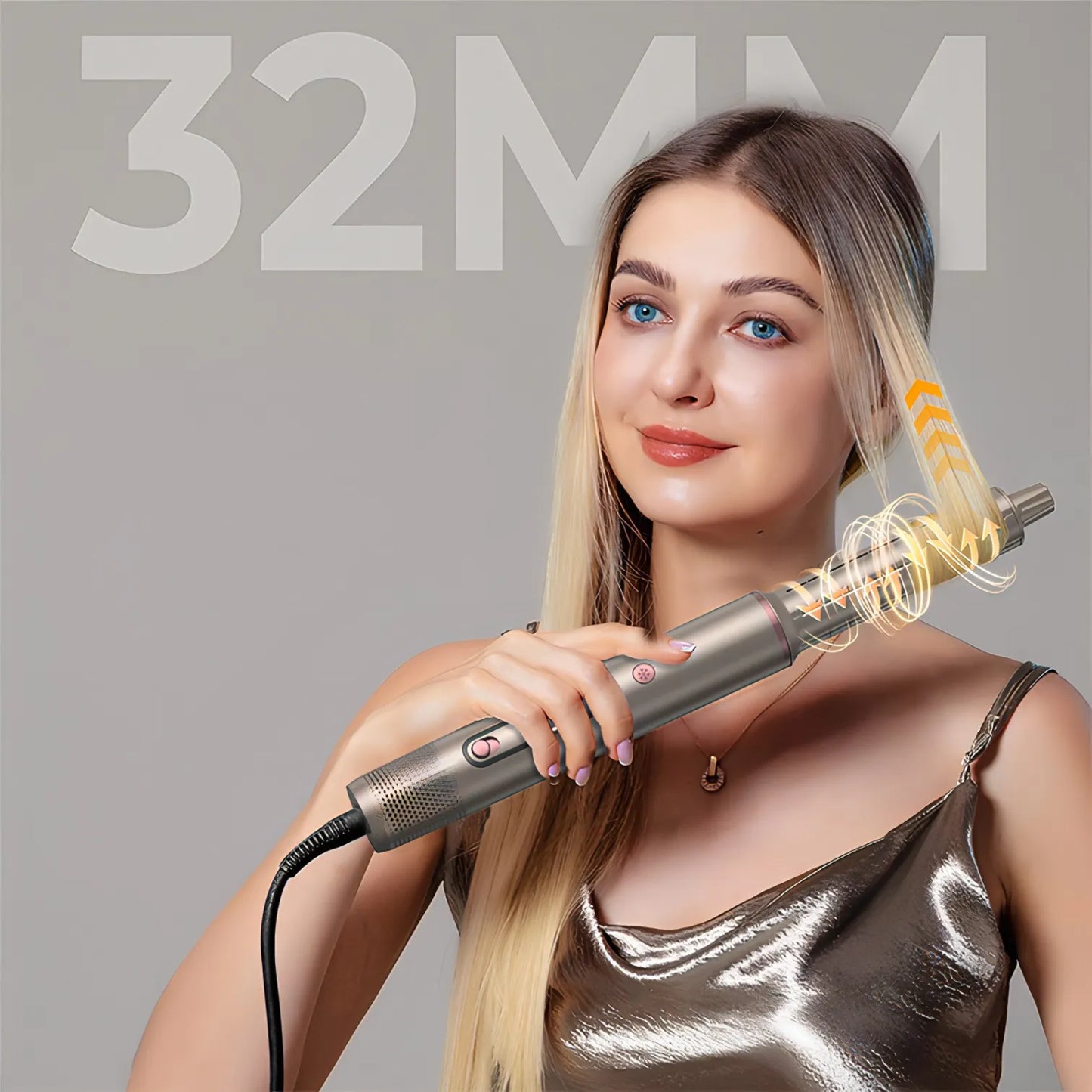 Woman using a Keovy Hot Air Brush with '32MM' text on a gray background
