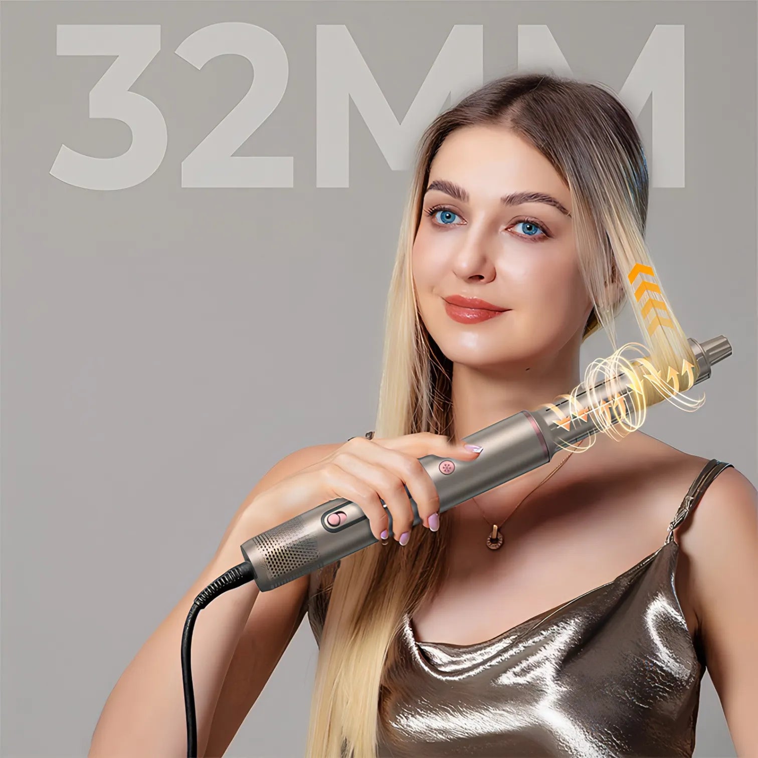 Woman using a Keovy Hot Air Brush with '32MM' text on a gray background